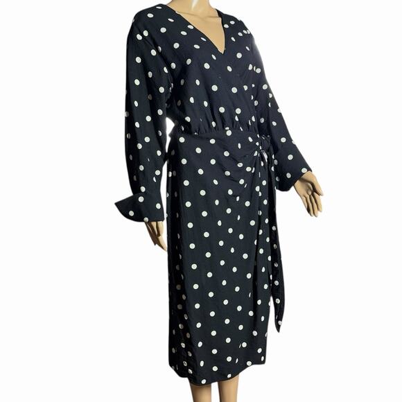 H&M Womens Wrap Dress Black White Polka Dot Midi Extra Long Sleeves Sz M - Picture 1 of 15